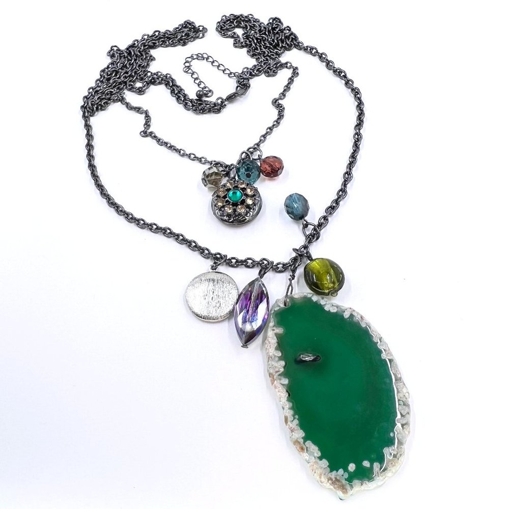 NWOT – Lane Bryant – Green Quartz Beaded Locket Gunmetal Tone 24” Necklace. Neck